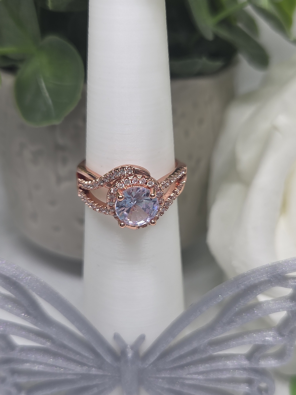 Rose Gold Plating Over Sterling  Halo Solitaire Ring